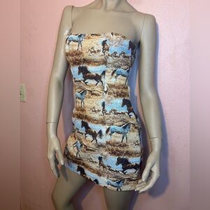 Windsor Western Horse Print Strapless Lace-Up Mini Dress